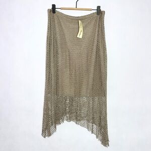 NWT Elana Kattan Crochet Fishnet Asymmetrical Tan A-line Skirt Med. Made in USA